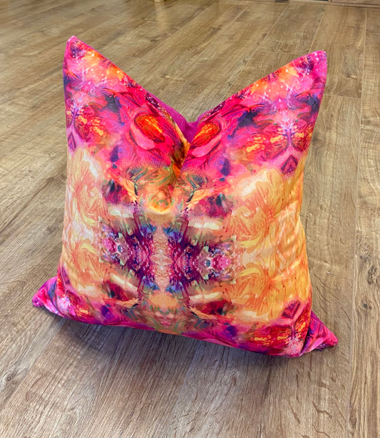 Fire Velvet and Bright Pink Harris Tweed Cushion, Handmade, 18”