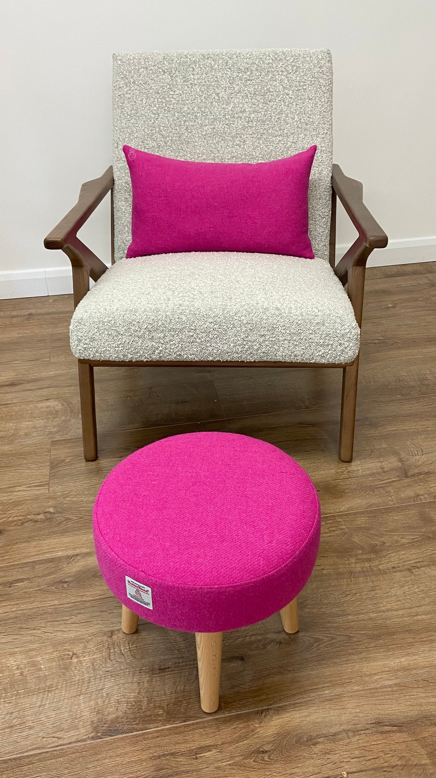 Bright Pink Harris Tweed Footstool with Varnished Wooden Legs