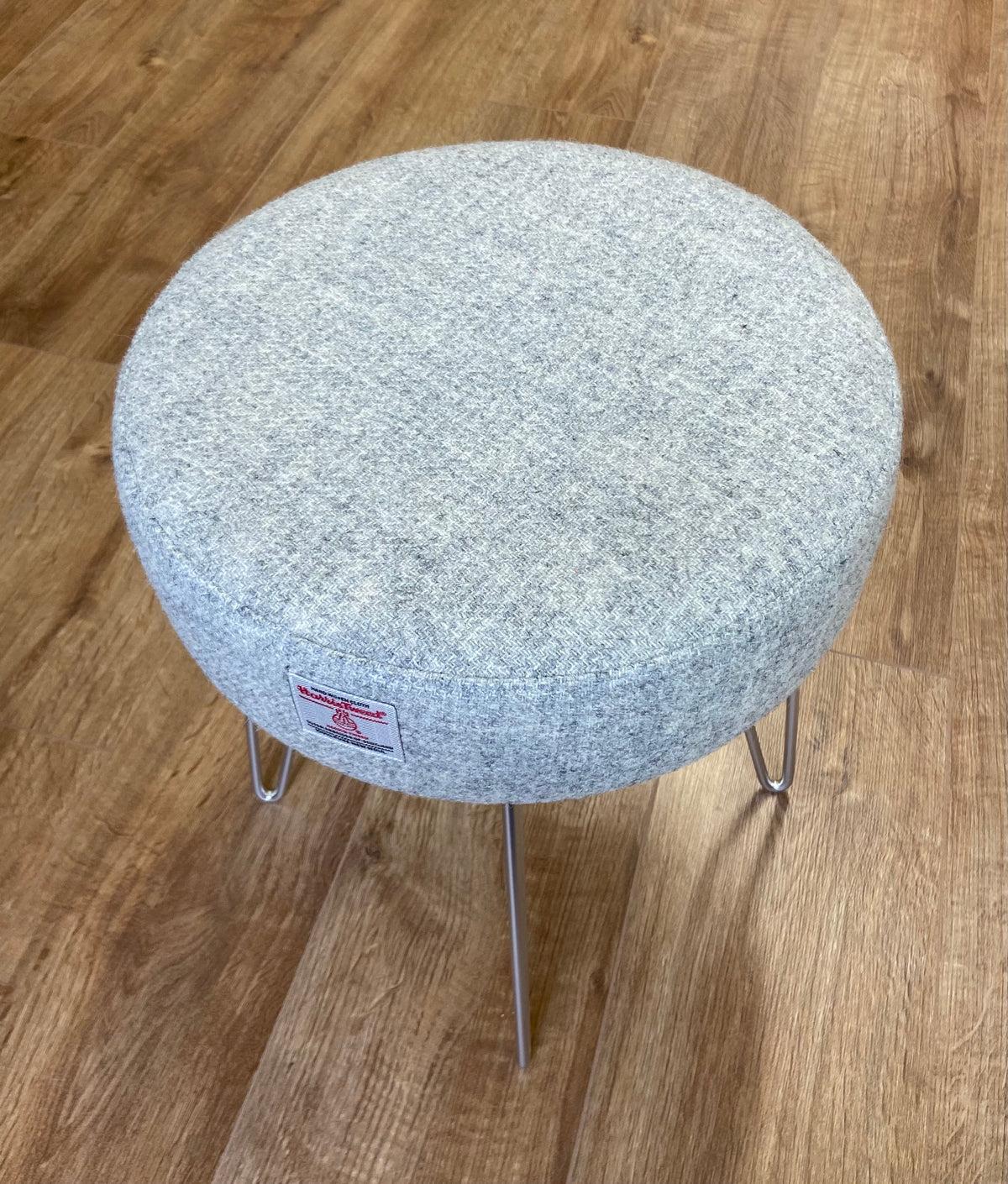 Light Grey Harris Tweed Stool with Silver Hairpin Legs