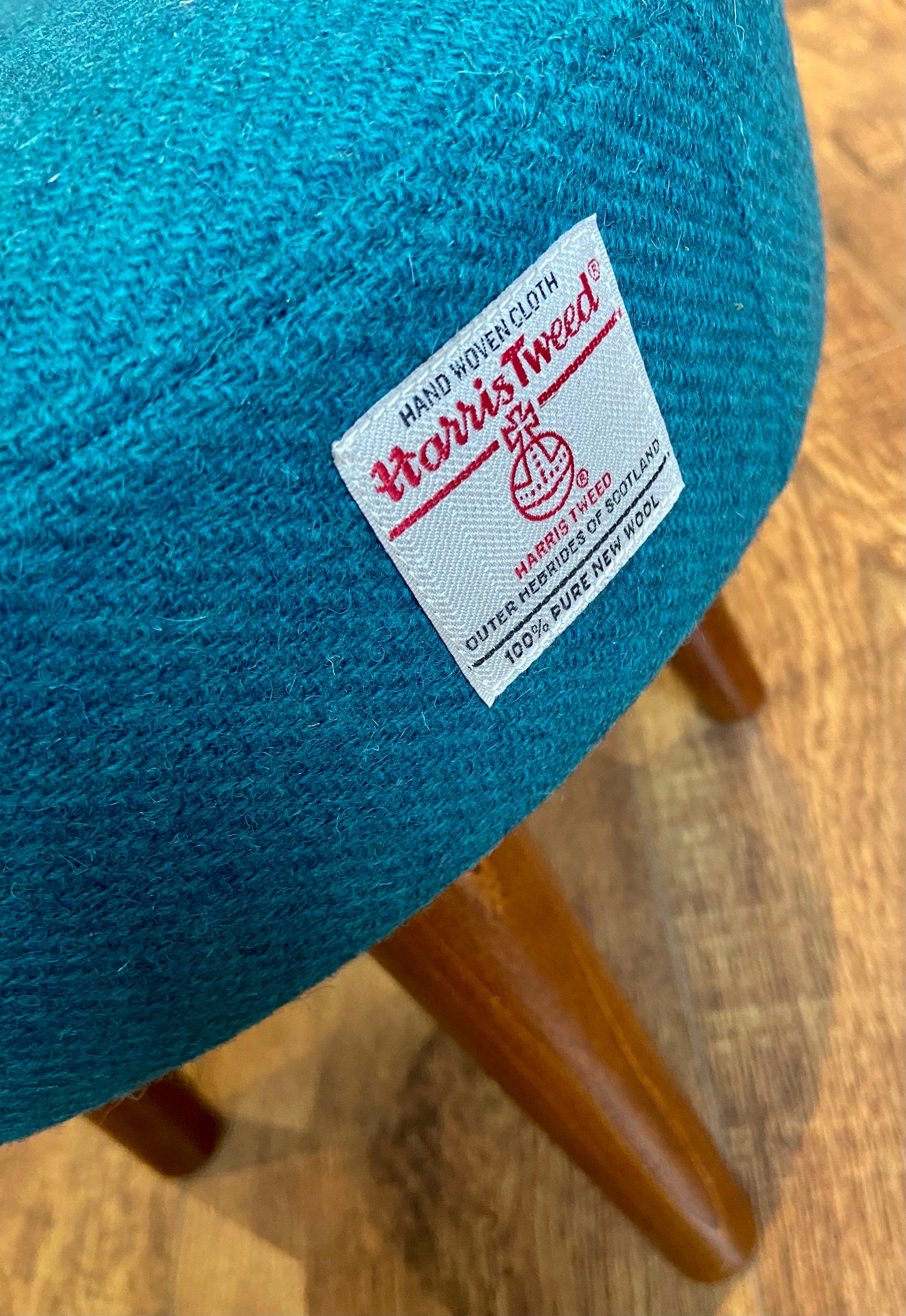 Teal Harris Tweed Footstool with Dark Varnished Wooden Legs