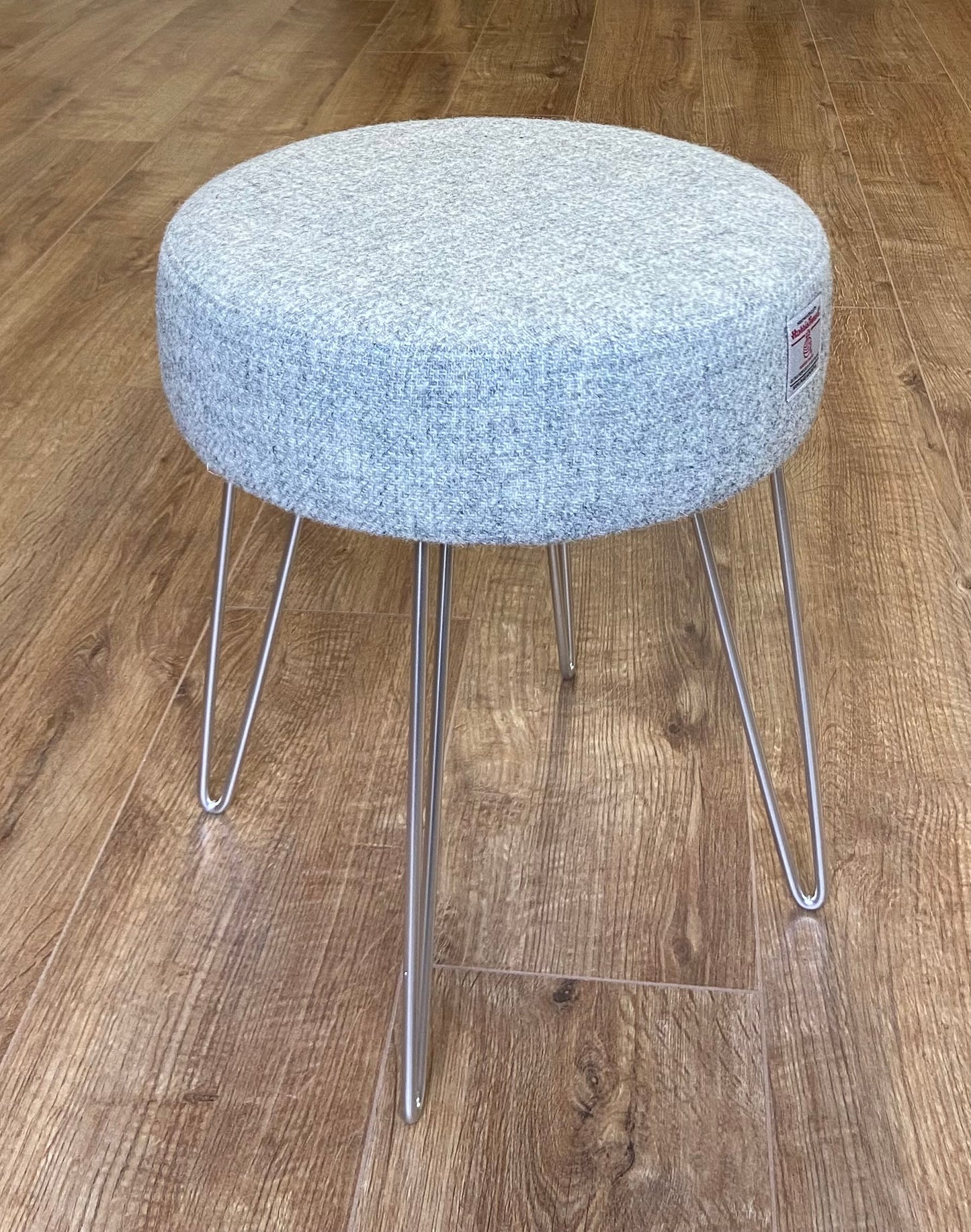 Light Grey Harris Tweed Stool with Silver Hairpin Legs