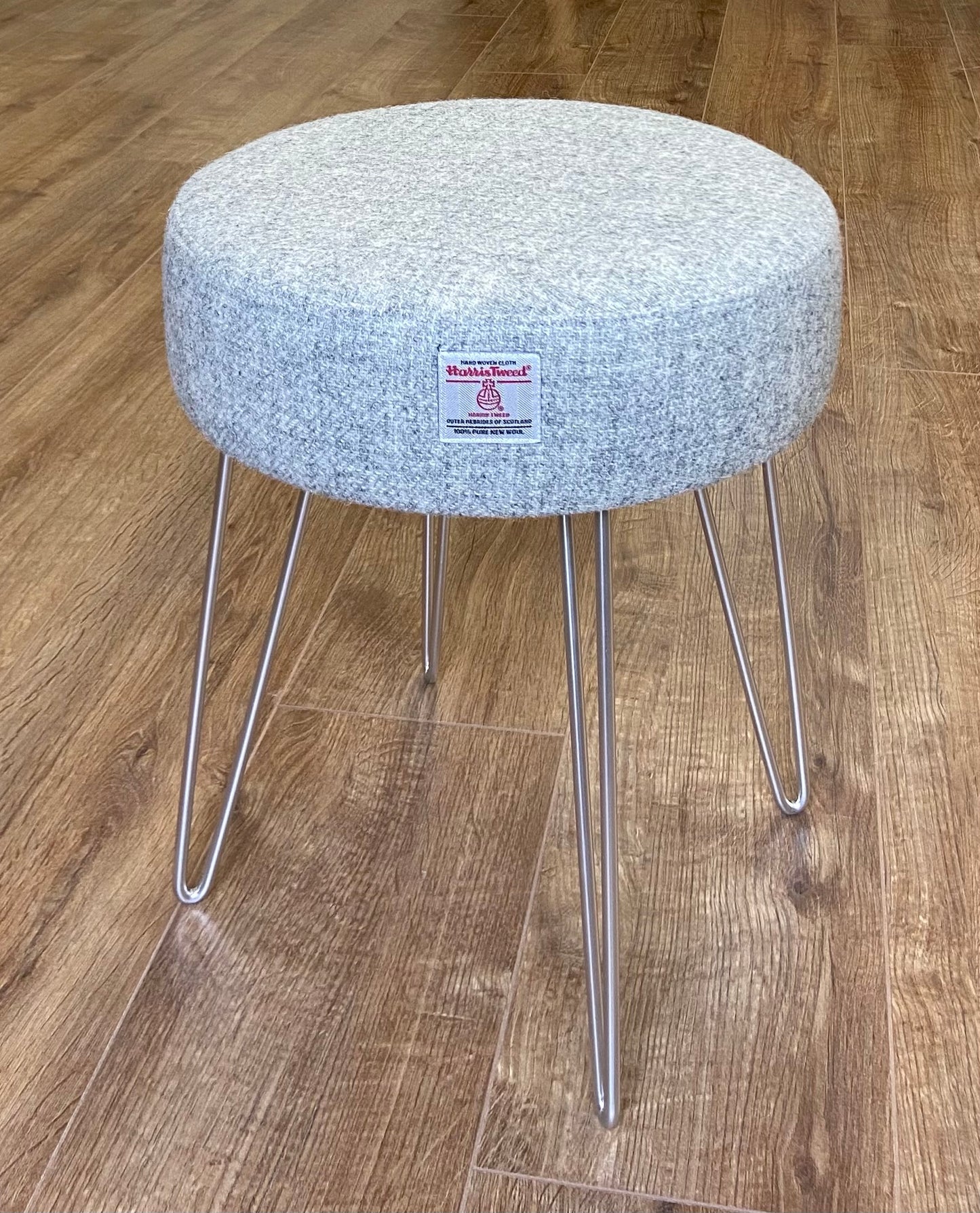Light Grey Harris Tweed Stool with Silver Hairpin Legs