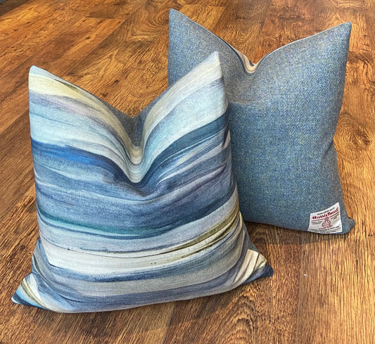Seascape Cushion with Blue Harris Tweed and Duck Feather Insert, 18”