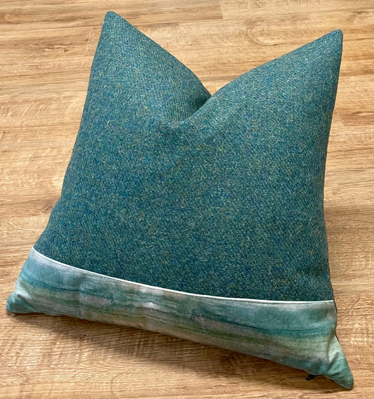 Green Harris Tweed Cushion with Emerald Sea Velvet Trim 18”