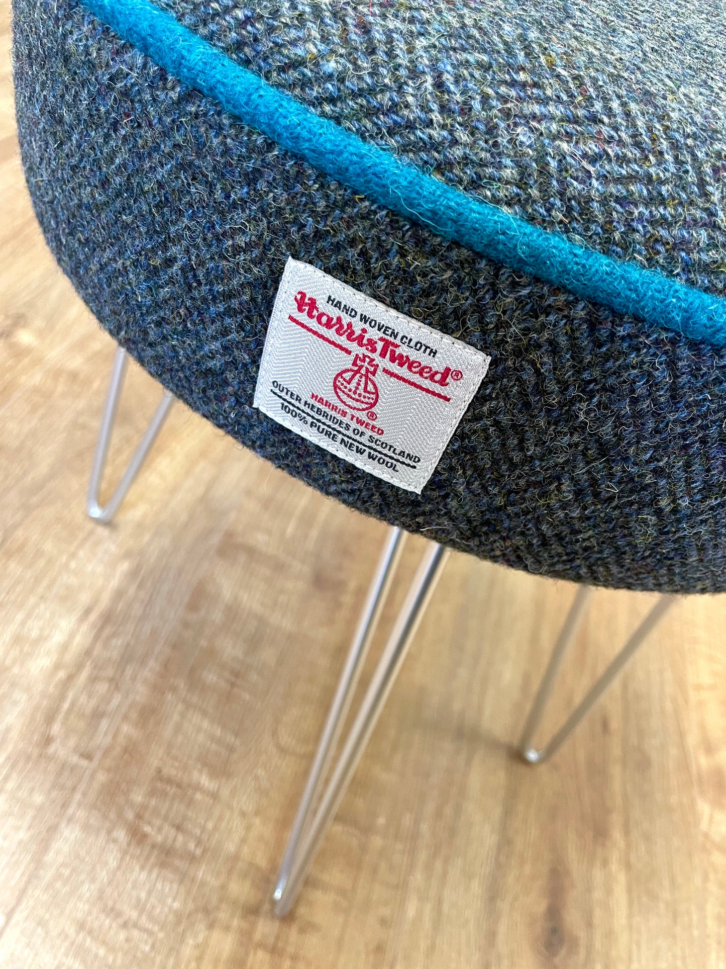Charcoal Harris Tweed Stool with Teal Piping and Silver Hairpin Legs