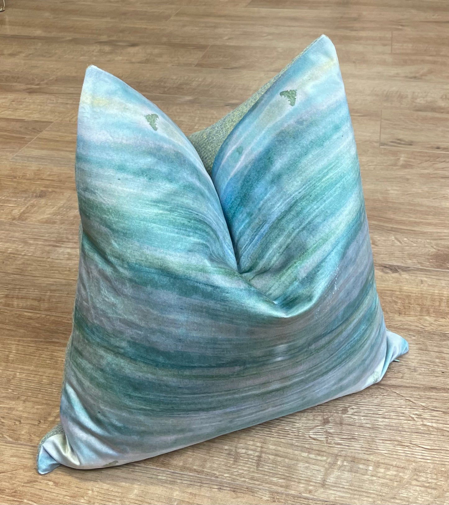 Emerald Sea Velvet and Light Green Harris Tweed Cushion 18”