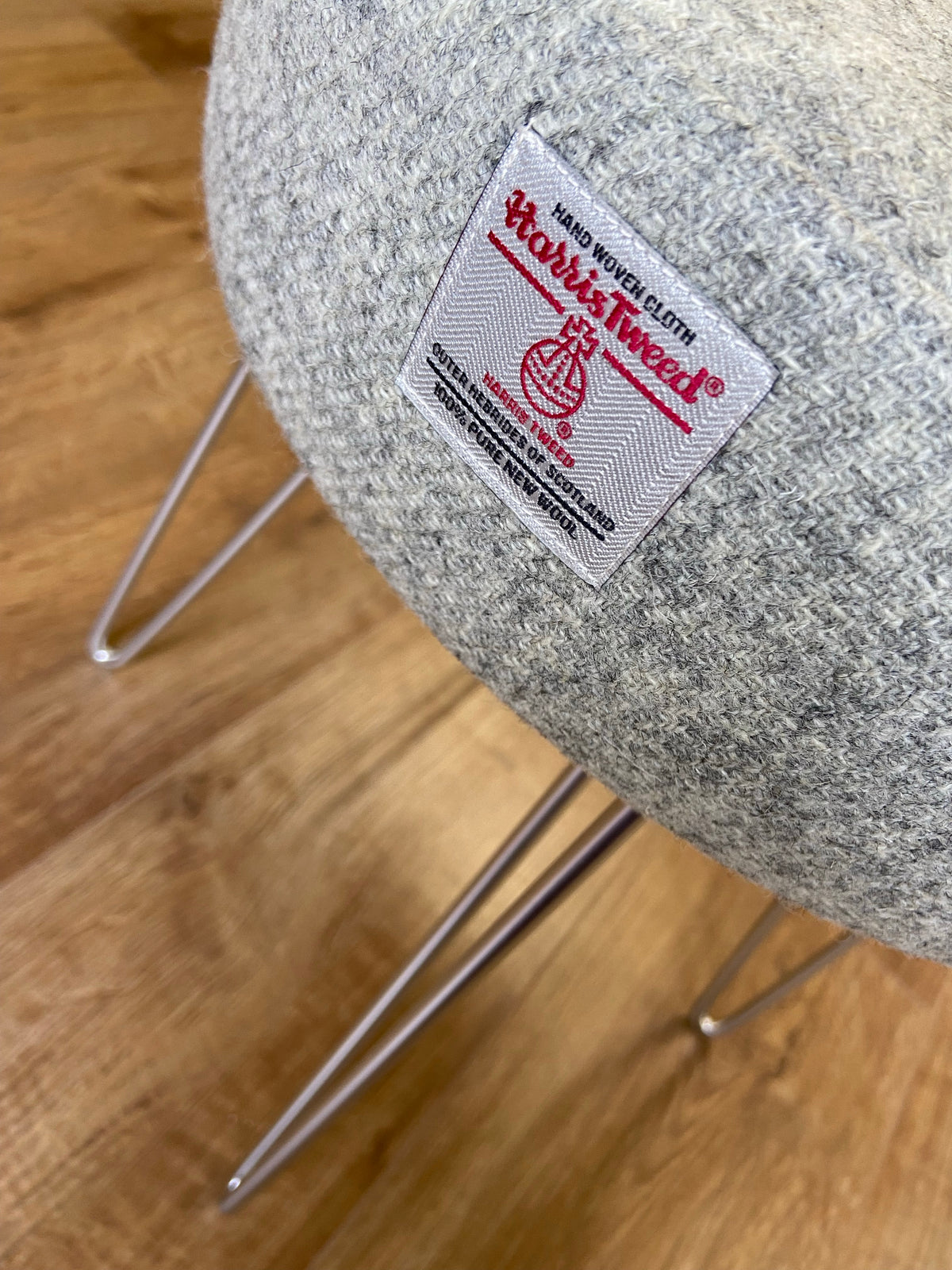 Light Grey Harris Tweed Stool with Silver Hairpin Legs