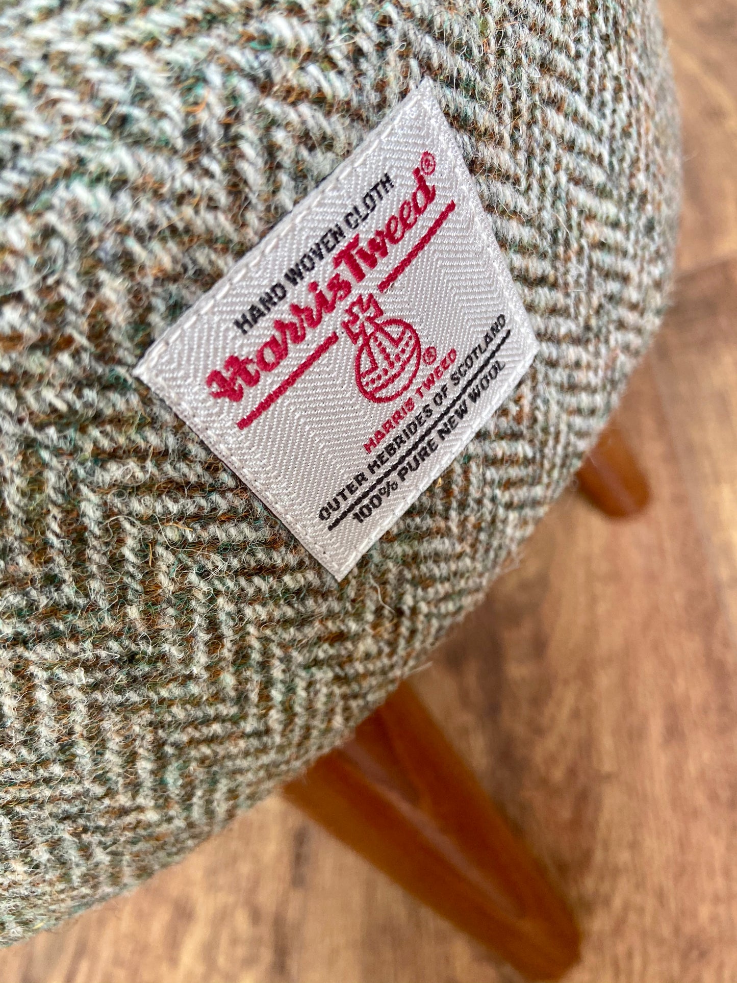 Light Brown Green Harris Tweed Footstool with Dark Varnished Wooden Legs
