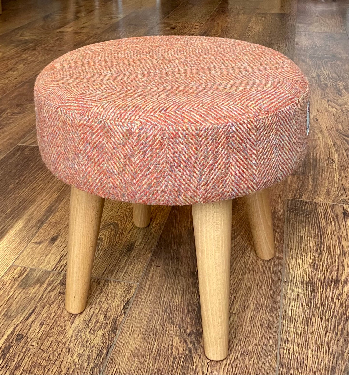 Burnt Orange Harris Tweed Footstool with Varnished Wooden Legs