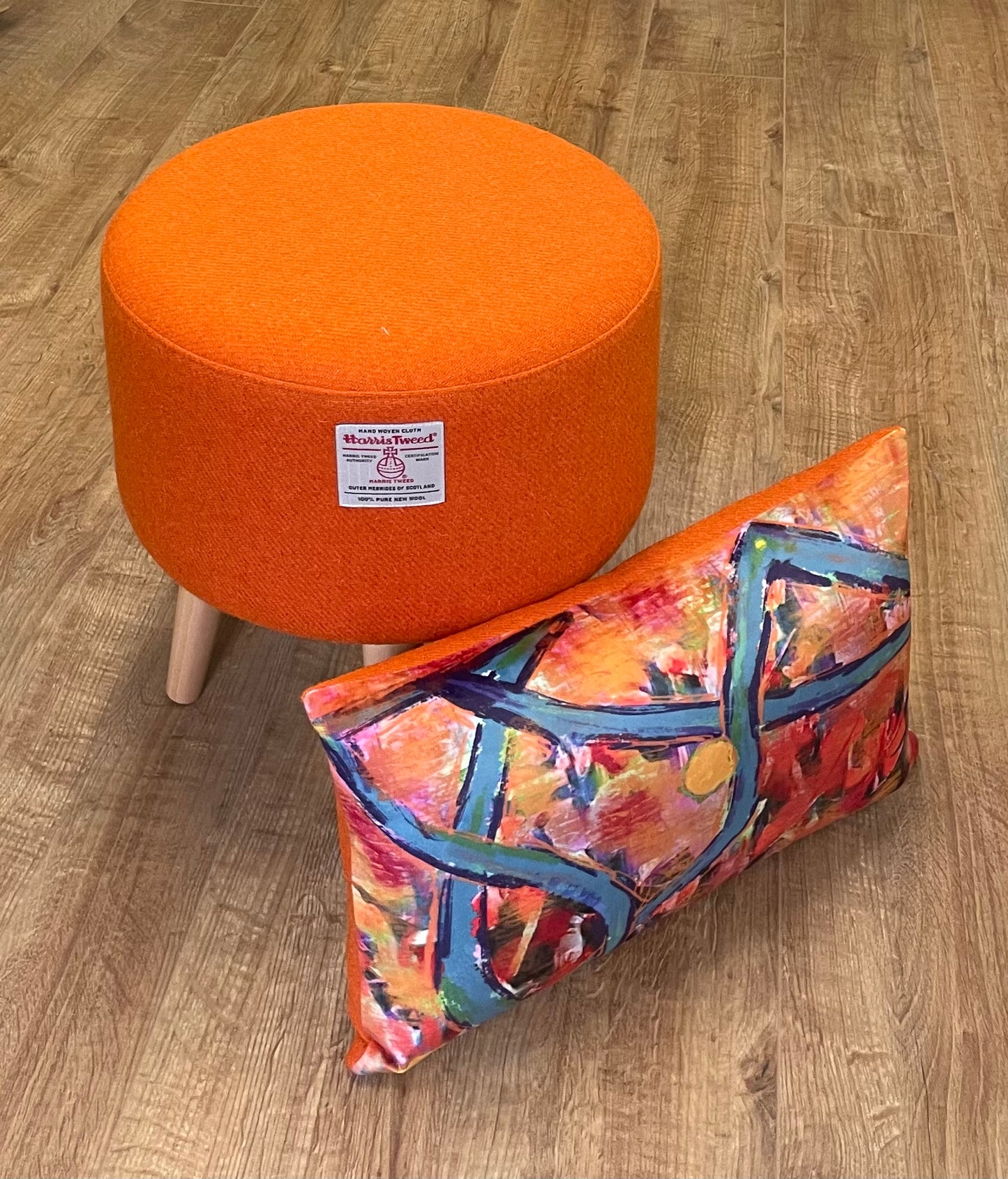 Blue River Velvet and Orange Harris Tweed Oblong Cushion
