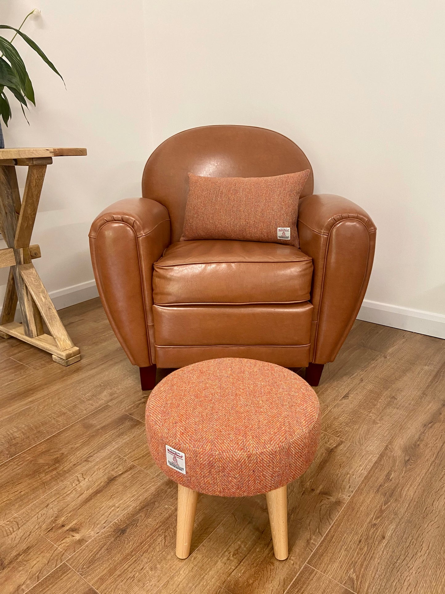 Burnt Orange Harris Tweed Footstool with Varnished Wooden Legs
