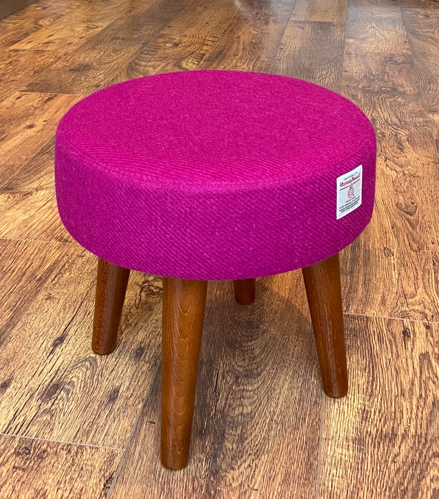 Fuchsia Harris Tweed Footstool with Dark Varnished Wooden Legs