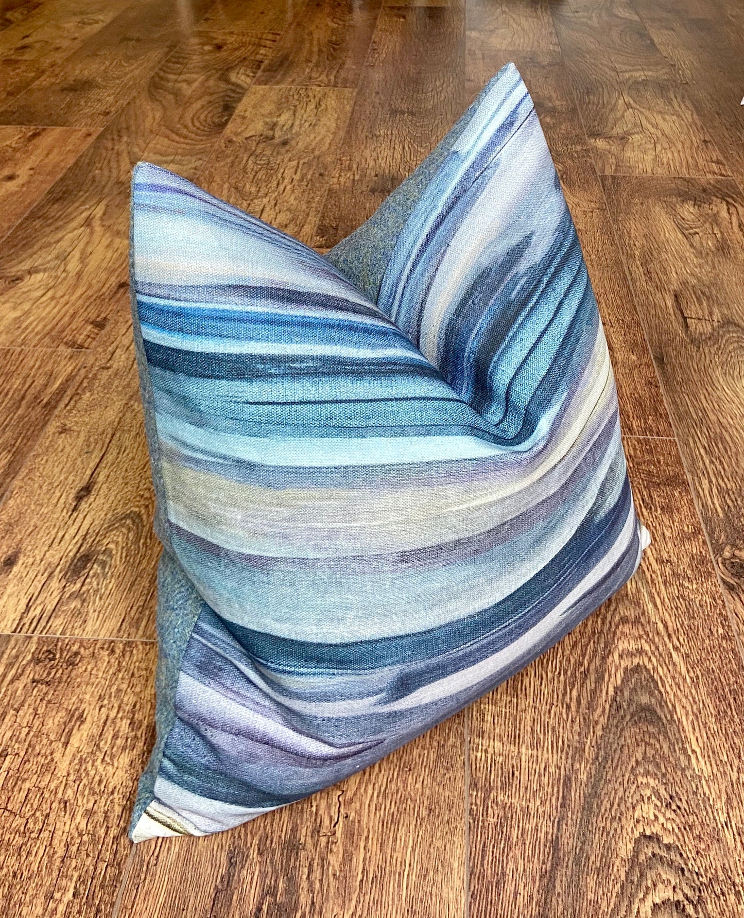 Seascape Cushion with Blue Harris Tweed and Duck Feather Insert, 18”
