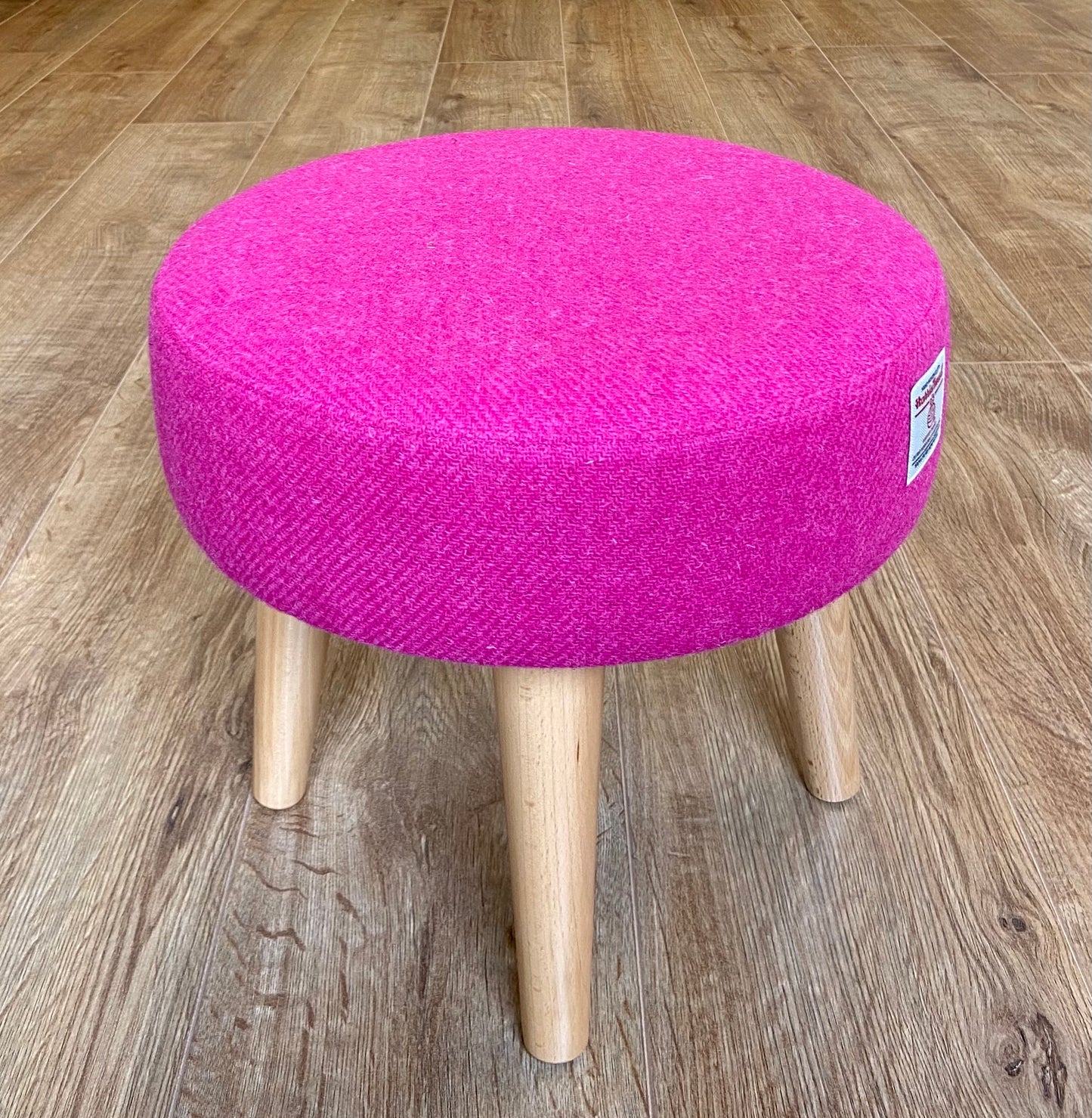 Bright Pink Harris Tweed Footstool with Varnished Wooden Legs