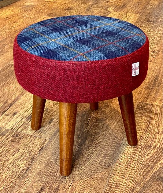 Small Tartan Harris Tweed Red and Blue Footstool